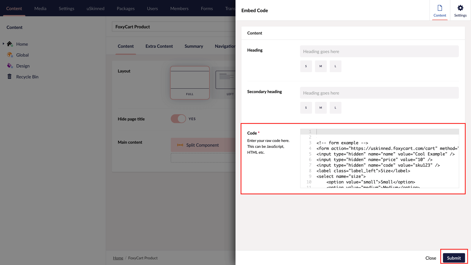 Paste FoxyCart product form code into Umbraco.