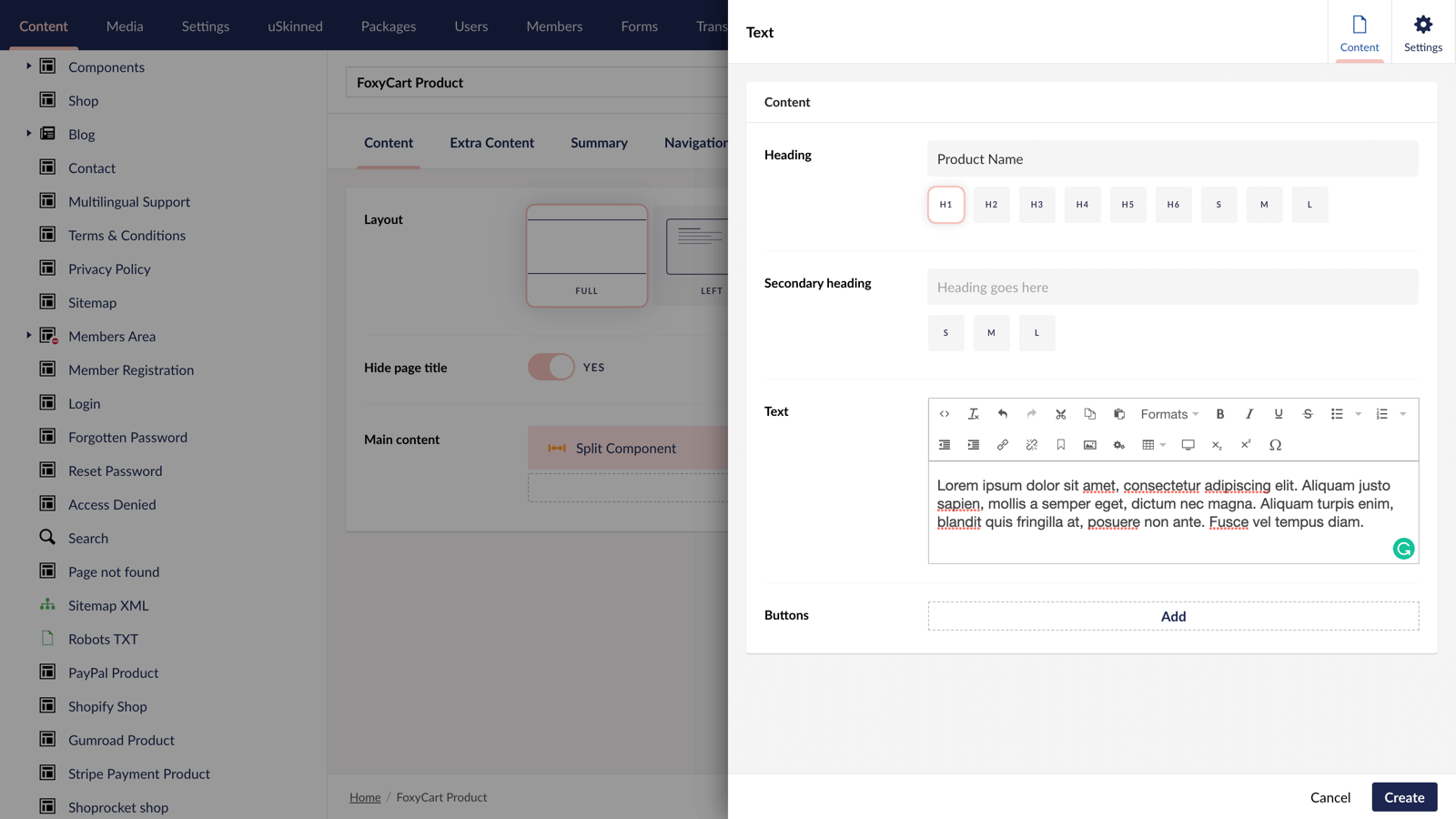 Create Text component for foxycart product in Umbraco.