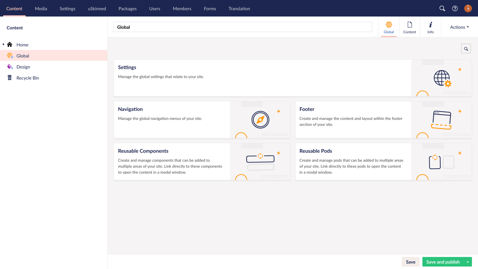 Global content redesign in uSkinned for Umbraco.