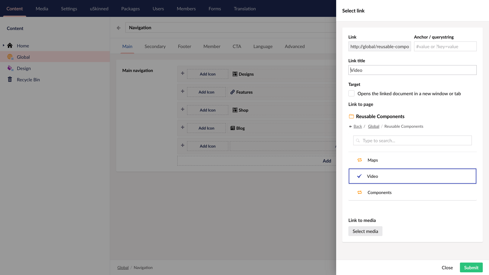 Select the modal content in the link picker with uSkinned for Umbraco.