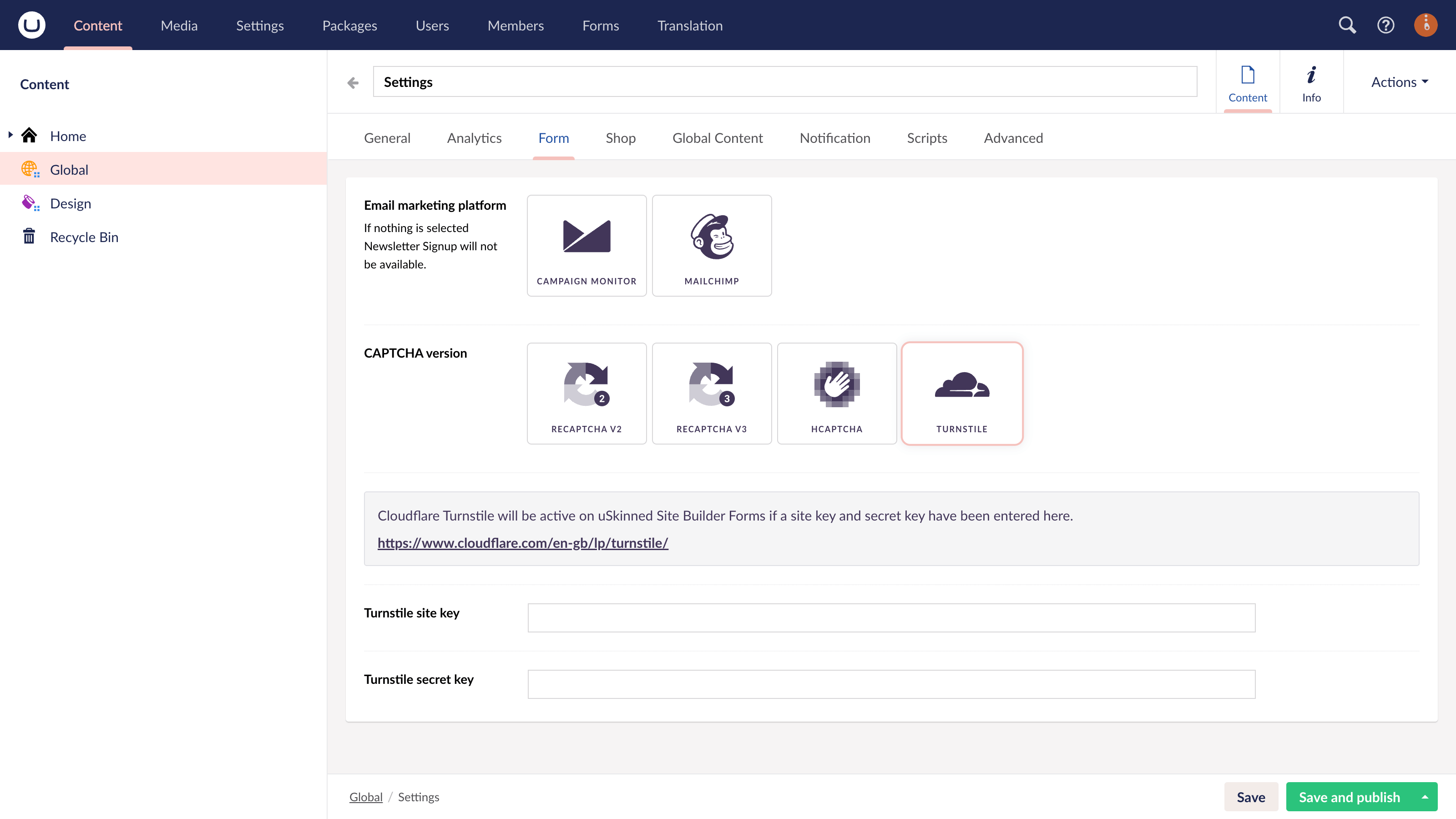 Cloudflare's Turnstile integration with uSkinned for Umbraco.