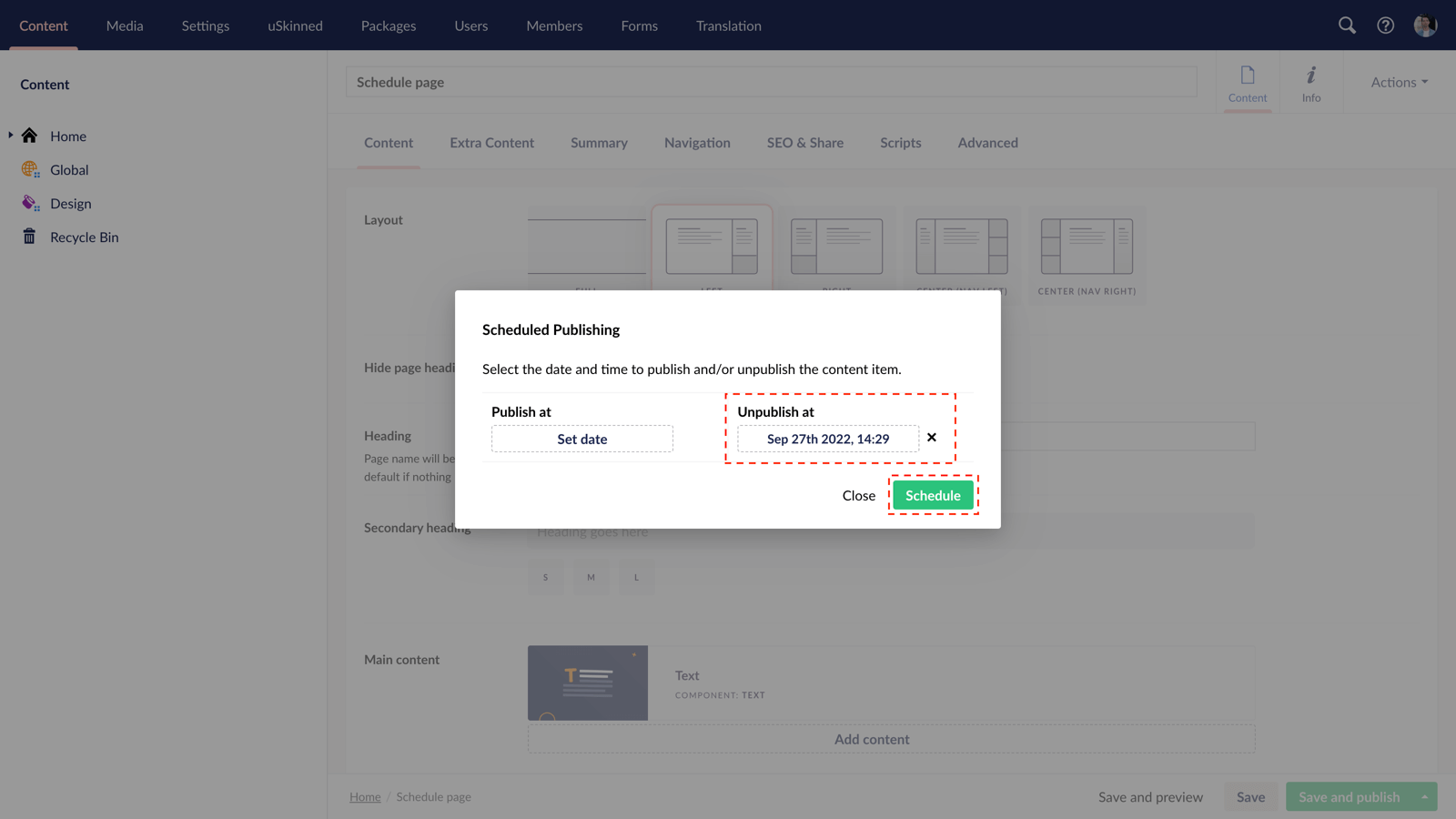 Set an unpublish date and time with uSkinned for Umbraco.