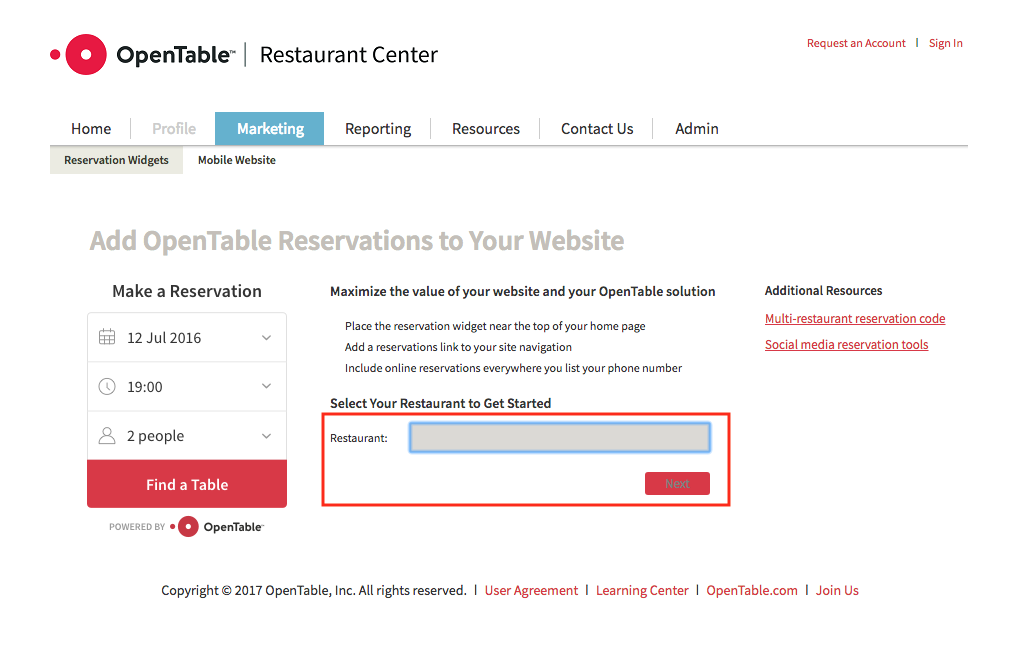 Find your restaurant on Open Table widget builder.