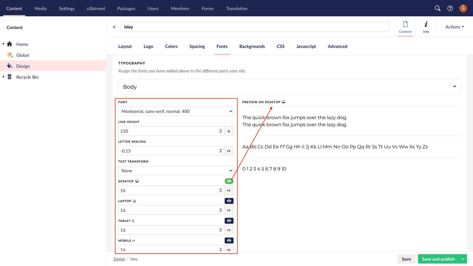 Typography selectors and settings in Umbraco.