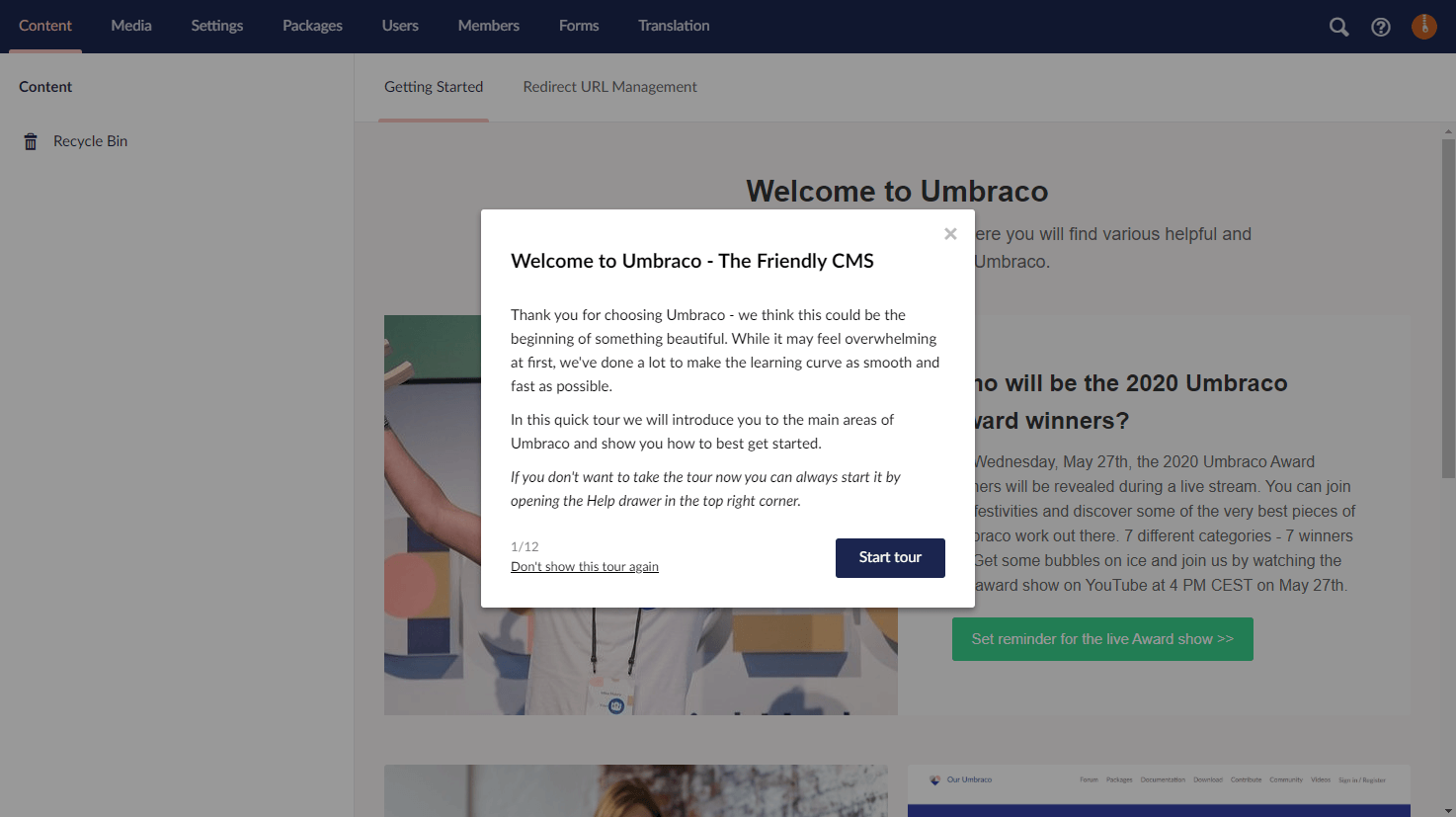 Umbraco CMS has successfully installed.