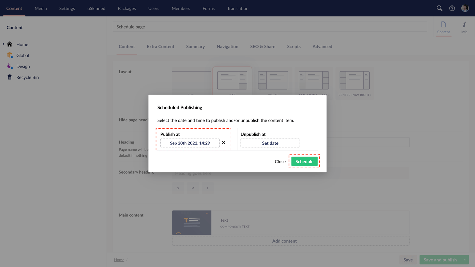 Set a publish date and time with uSkinned for Umbraco.