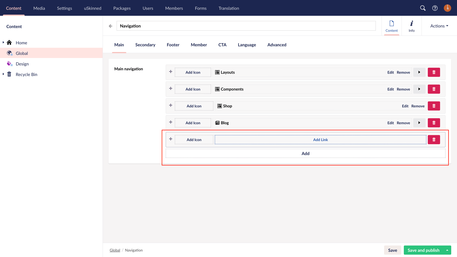 Drag and drop mega navigation with anchors in Umbraco.