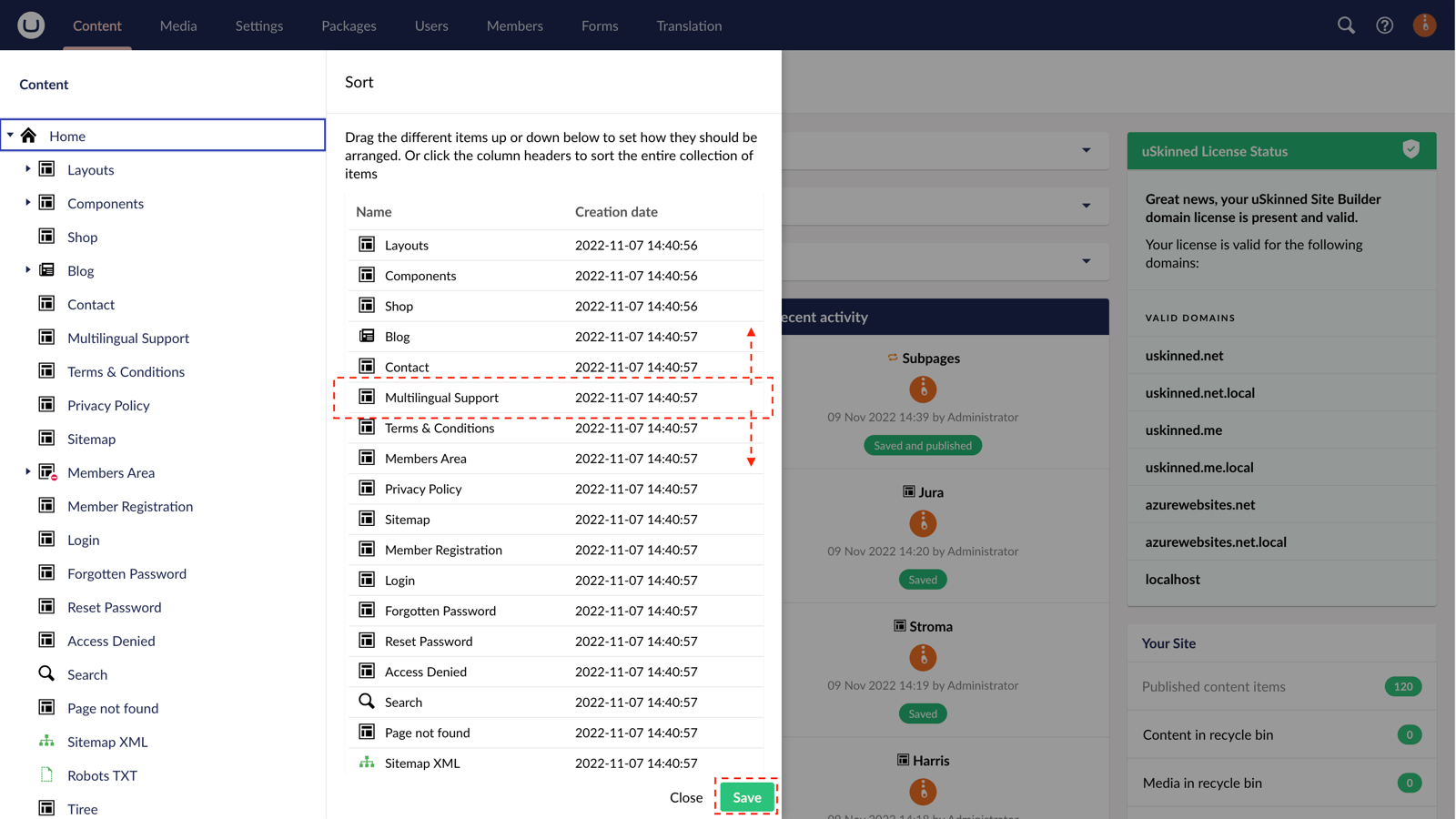 Re-order sub nodes in uSkinned for Umbraco CMS.