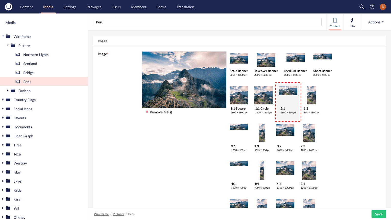 Select from 20 image crop dimensions in uSkinned for Umbraco.